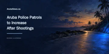 Painterly conceptual editorial illustration of an empty generic tropical road at twilight with a blue light wash, not an actual police deployment, with the patrol announcement headline and ArubaNews.ca branding.