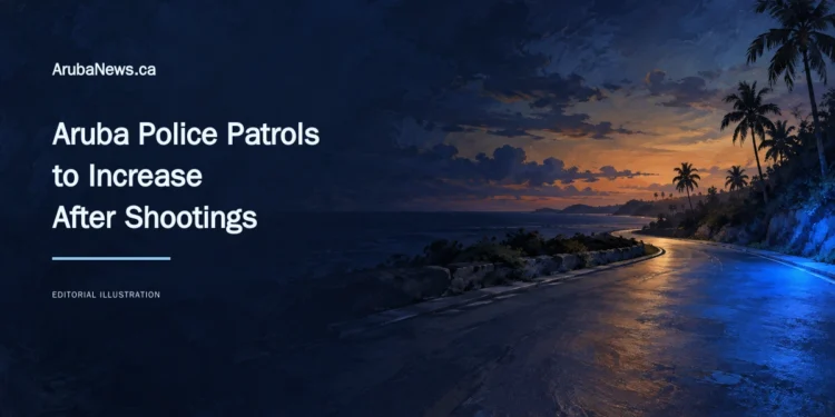 Painterly conceptual editorial illustration of an empty generic tropical road at twilight with a blue light wash, not an actual police deployment, with the patrol announcement headline and ArubaNews.ca branding.