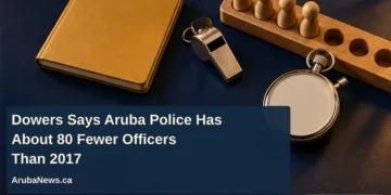 Dowers Says Aruba Police Has About 80 Fewer Officers Than 2017 Conceptual editorial illustration of a blank training notebook, whistle, blank stopwatch and wooden pegs with empty spaces, with the police staffing headline and ArubaNews.ca branding.