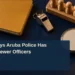 Dowers Says Aruba Police Has About 80 Fewer Officers Than 2017 Conceptual editorial illustration of a blank training notebook, whistle, blank stopwatch and wooden pegs with empty spaces, with the police staffing headline and ArubaNews.ca branding.