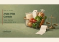 Conceptual editorial illustration of a grocery basket, receipt and everyday food staples, without real product brands or prices.