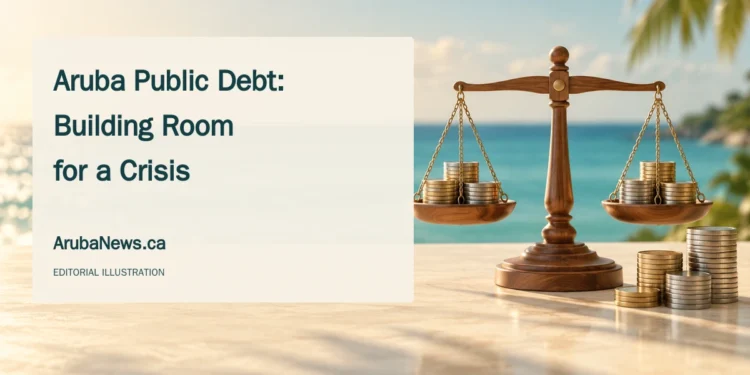 Conceptual editorial illustration of coins and a balance near a Caribbean sea horizon, representing public finances rather than a specific transaction.
