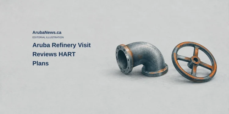 Aruba Refinery Visit Reviews HART Plans Conceptual editorial illustration of a generic pipe elbow and valve wheel; not actual refinery equipment, the Aruba site, damage or a proposed redevelopment design.