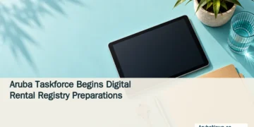 Editorial illustration of an unmarked tablet, keys and folder on an aqua desk, representing a proposed digital rental registry.