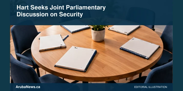 Conceptual editorial illustration: An empty round discussion table with several plain chairs and blank legal notebooks, neutral modern interior, warm wood and slate blue, high-angle composition. Not a photograph of the actual people, event or location.