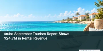 Editorial illustration of a calculator and notebook on a coastal terrace with turquoise water, not a photograph of rental properties or reported figures.