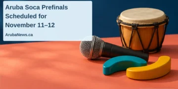 Conceptual editorial illustration of a microphone, hand drum and colorful wooden rhythm forms, with the article headline and ArubaNews.ca branding; not an actual performance or venue.