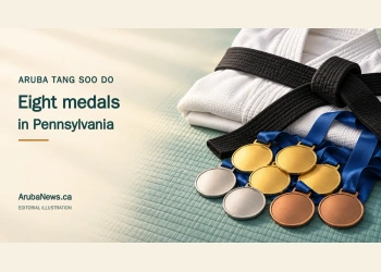 Editorial illustration of a folded white martial arts uniform, black belt and gold, silver and bronze medals, with the headline Aruba Tang Soo Do: Eight medals in Pennsylvania and ArubaNews.ca branding.