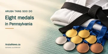 Editorial illustration of a folded white martial arts uniform, black belt and gold, silver and bronze medals, with the headline Aruba Tang Soo Do: Eight medals in Pennsylvania and ArubaNews.ca branding.