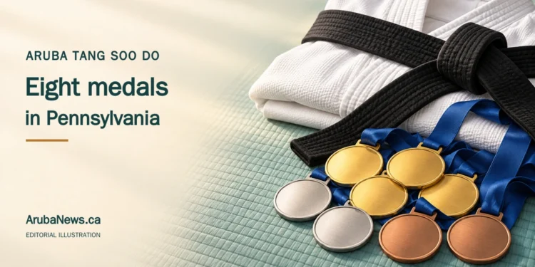 Aruba Tang Soo Do Athletes Win Eight Medals in Pennsylvania Editorial illustration of a folded white martial arts uniform, black belt and gold, silver and bronze medals, with the headline Aruba Tang Soo Do: Eight medals in Pennsylvania and ArubaNews.ca branding.