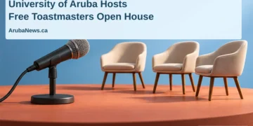 Conceptual editorial illustration of a tabletop microphone facing three empty chair models, with the article headline and ArubaNews.ca branding; not the actual university room.