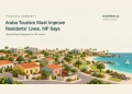 Conceptual editorial illustration balancing modest homes and tourism buildings with greenery on a stylised Aruba coastline; not an actual development proposal.