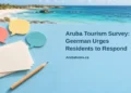 Conceptual editorial illustration, not actual survey materials: blank cards, a pencil and unmarked speech bubbles on a blue table beside a blurred Caribbean coastline, with the tourism survey headline and ArubaNews.ca branding.
