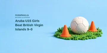 Aruba U15 Girls Beat British Virgin Islands 9–0 Conceptual editorial illustration of an unbranded football and training cones on a stylized patch of grass; not a photograph of the players or the British Virgin Islands match.