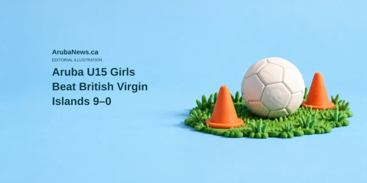 Aruba U15 Girls Beat British Virgin Islands 9–0 Conceptual editorial illustration of an unbranded football and training cones on a stylized patch of grass; not a photograph of the players or the British Virgin Islands match.