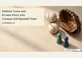 Conceptual editorial illustration of two baseballs, an empty glove and two plain wooden player markers on a sandy tabletop, with the article headline and ArubaNews.ca branding.