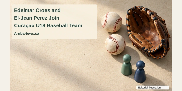 Conceptual editorial illustration of two baseballs, an empty glove and two plain wooden player markers on a sandy tabletop, with the article headline and ArubaNews.ca branding.