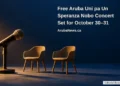 Free Aruba Uni pa Un Speranza Nobo Concert Set for October 30–31 Conceptual illustration of an unbranded tabletop microphone and two empty chair models against a navy backdrop, not the actual concert venue, with the article headline, ArubaNews.ca branding and editorial-illustration label.