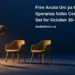 Conceptual illustration of an unbranded tabletop microphone and two empty chair models against a navy backdrop, not the actual concert venue, with the article headline, ArubaNews.ca branding and editorial-illustration label.