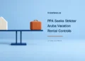 Conceptual editorial illustration of a plain house block and suitcase on a level blue balance beam, with a PPA vacation-rental-controls headline and ArubaNews.ca branding.