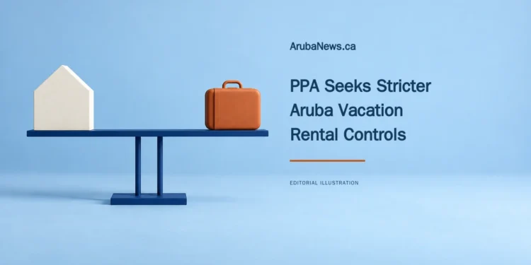 Conceptual editorial illustration of a plain house block and suitcase on a level blue balance beam, with a PPA vacation-rental-controls headline and ArubaNews.ca branding.