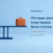 Conceptual editorial illustration of a plain house block and suitcase on a level blue balance beam, with a PPA vacation-rental-controls headline and ArubaNews.ca branding.