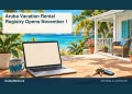 Conceptual editorial illustration: Clean sunlit conceptual Caribbean vacation cottage with key on a desk and blank laptop screen, turquoise and cream; not a real property or registration website