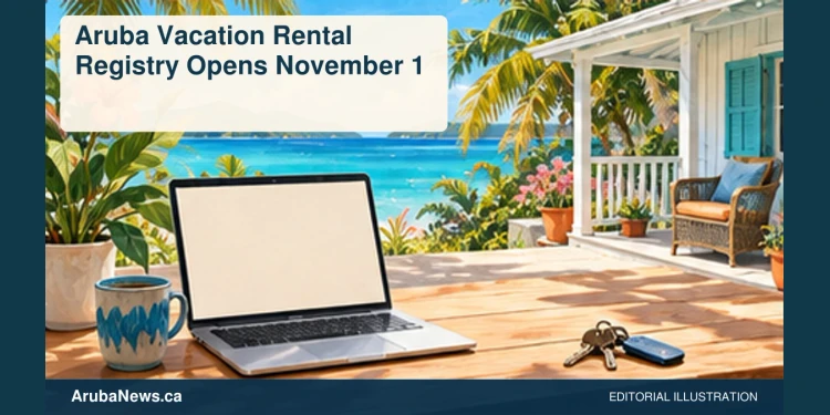 Conceptual editorial illustration: Clean sunlit conceptual Caribbean vacation cottage with key on a desk and blank laptop screen, turquoise and cream; not a real property or registration website