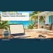 Aruba Vacation Rental Registry Opens November 1 Conceptual editorial illustration: Clean sunlit conceptual Caribbean vacation cottage with key on a desk and blank laptop screen, turquoise and cream; not a real property or registration website