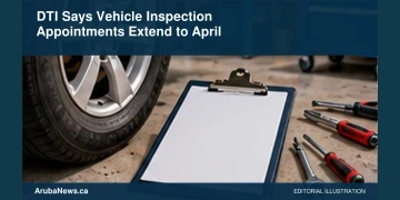 Conceptual editorial illustration: A generic car wheel, plain inspection clipboard with blank paper and unmarked workshop tools, clean cream and blue workshop, oblique close view. Not a photograph of the actual people, event or location.