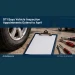 Conceptual editorial illustration: A generic car wheel, plain inspection clipboard with blank paper and unmarked workshop tools, clean cream and blue workshop, oblique close view. Not a photograph of the actual people, event or location.
