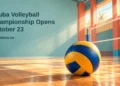 Conceptual editorial illustration of a volleyball beside an indoor court net, with the championship opening headline and ArubaNews.ca branding.