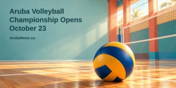 Conceptual editorial illustration of a volleyball beside an indoor court net, with the championship opening headline and ArubaNews.ca branding.