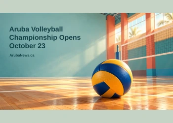 Conceptual editorial illustration of a volleyball beside an indoor court net, with the championship opening headline and ArubaNews.ca branding.