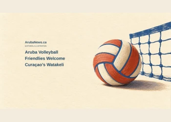 Conceptual editorial illustration of a coral, cream and blue volleyball beside a blue net, with the headline Aruba Volleyball Friendlies Welcome Curaçao’s Watakeli and ArubaNews.ca branding.