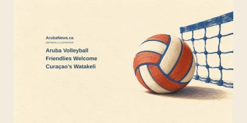 Conceptual editorial illustration of a coral, cream and blue volleyball beside a blue net, with the headline Aruba Volleyball Friendlies Welcome Curaçao’s Watakeli and ArubaNews.ca branding.