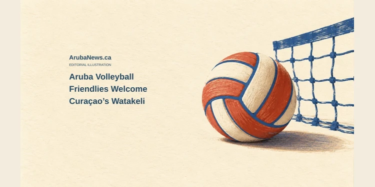 Conceptual editorial illustration of a coral, cream and blue volleyball beside a blue net, with the headline Aruba Volleyball Friendlies Welcome Curaçao’s Watakeli and ArubaNews.ca branding.