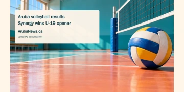 Conceptual editorial illustration of a volleyball and net on a generic empty court; not a photograph of the AVA matches.