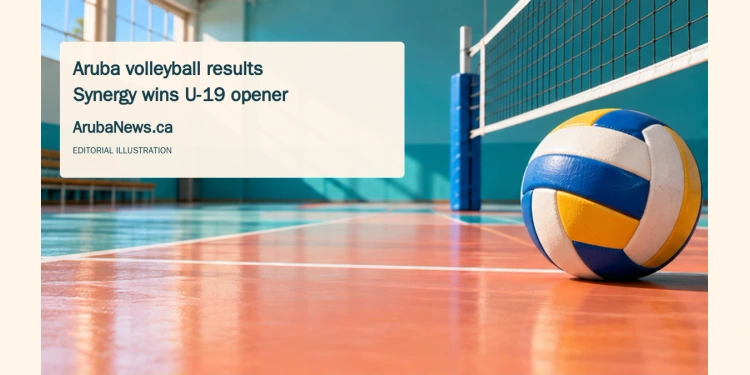 Conceptual editorial illustration of a volleyball and net on a generic empty court; not a photograph of the AVA matches.