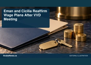 Conceptual editorial illustration of two blank meeting folders beside an unmarked coin stack and small hotel-room key shape, muted navy and pale gold, oblique tabletop view; no people, numbers, flags or logos. Not a photograph of the actual people, documents or location.