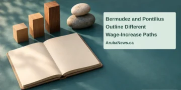 Conceptual editorial illustration of three rising wooden blocks, two balanced stones and a blank ledger on a teal desk, with the article headline and ArubaNews.ca branding.