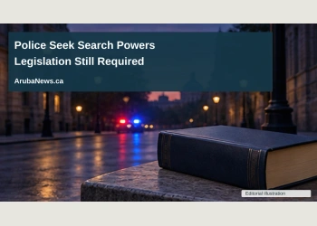 Conceptual editorial illustration of an empty generic street at dusk with a distant unmarked patrol-light glow and an abstract law-book shape, no officers, weapons, crime evidence or exact neighbourhood; not a documentary photograph of the people, venue or event.