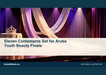 Conceptual editorial illustration: An empty small theatre stage with flowing ivory and lilac ribbons and a modest unmarked decorative tiara on a side table, soft theatrical light, wide diagonal view. Not a photograph of the actual people, event or location.