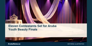 Conceptual editorial illustration: An empty small theatre stage with flowing ivory and lilac ribbons and a modest unmarked decorative tiara on a side table, soft theatrical light, wide diagonal view. Not a photograph of the actual people, event or location.