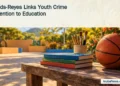 Conceptual editorial illustration of a basketball, schoolbooks and pencils beside an empty Caribbean school sports court.
