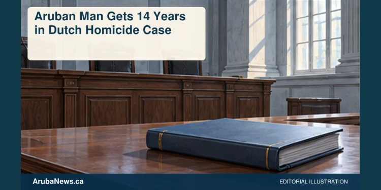 Aruban Man Gets 14 Years in Dutch Homicide Case Conceptual editorial illustration: Somber conceptual editorial photograph of an empty anonymous European courtroom bench with a closed plain case file, cool daylight, no people, flags, insignia or incident reconstruction