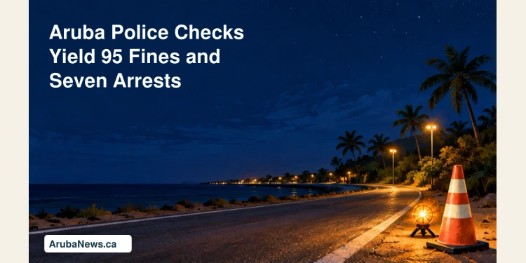 Aruba Police Checks Yield 95 Fines and Seven Arrests Editorial illustration of a traffic cone and checkpoint light on an empty tropical road; not a photograph of the reported operation.
