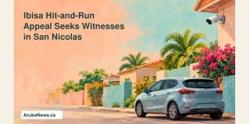 Conceptual editorial illustration of an undamaged parked car and a home security camera on a quiet tropical residential street; no actual incident is depicted.