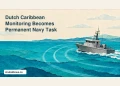 Dutch Caribbean Monitoring Becomes Permanent Navy Task Conceptual editorial illustration of a generic unmarked patrol ship on a turquoise sea viewed through abstract monitoring graphics; not an actual naval vessel or operation.