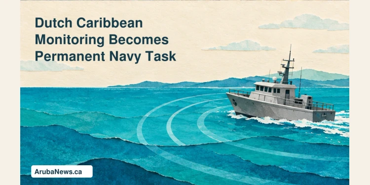 Conceptual editorial illustration of a generic unmarked patrol ship on a turquoise sea viewed through abstract monitoring graphics; not an actual naval vessel or operation.